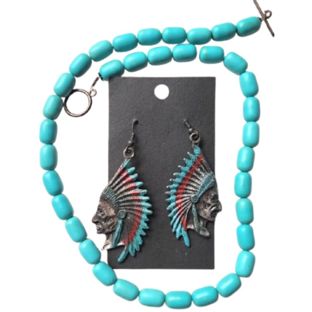 Silver Metal Indian Earrings & Blue Beaded Choker Necklace - 2-Piece Set